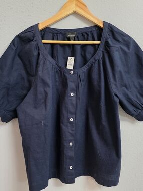 Talbots Dark Navy Button-Down Puff Sleeve Top